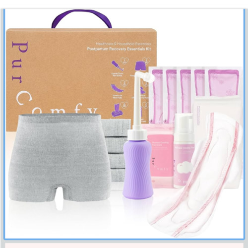 18 Pcs Postpartum Essentials Recovery Kit, Includes 5 Disposable Underwear, 24 Perineal Soothing Pad Liners, Perineal Soothing Foam, 5 Instant Ice Pads, Peri Bottle and 5 Postpartum Pads