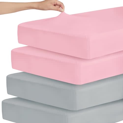 Stretchy Crib Sheets for Boys or Girls, 4 Pack Fitted for Standard Crib and Toddler Mattress 52" x 28", Soft and Breathable Neutral, Grey & Pink