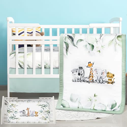 Hahafelt 3 Pcs Baby Crib Bedding Set Safari Animals Dinosaurs Bear Woodland Animals Jungle Crib Set Includes Quilt, Fitted Sheet, Skirt for Baby Boy Girl(Light Blue,Safari)