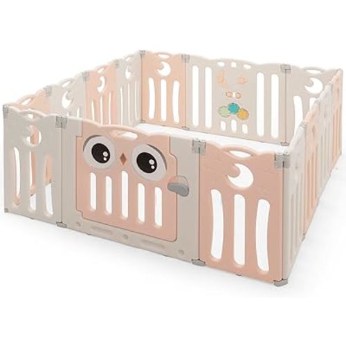 HONEY JOY Baby Play Yard, 14 Panel Owl Style Infant Playpen Activity Center for Toddlers, Anti-Slip Base & Lockable Door, Indoor Portable Safety Baby Fence Play Area for Boys Girls (Pink, 14 Panel)