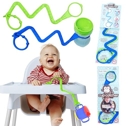 Brilli Baby Cup Catcher Patented Safety Tether Strap, Attach Sippy Cups, Bottles, Pacifiers & More to Stroller, High Chair, Car Seat, Made in USA, Food Grade, Dishwasher Safe, Aqua/Navy