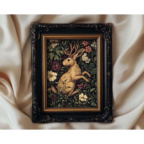 Jackalope Print Dark Botanical Art, William Morris Style, Dark Cottagecore Mythical Folklore Art, Whimsigoth Print, PRINTED AND SHIPPED, #97