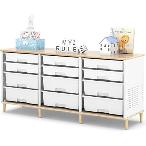 12 Drawers Storage Cabinet with Wooden Top and Plastic Bins, Toy Shelf Storage Chest Cubby Organizer for Home, Office, Playroom, Classroom & Craft Room Storage (White)