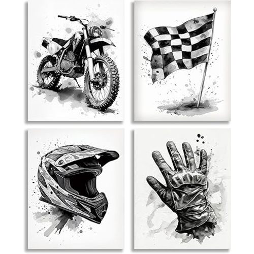 TOCDGOO Motocross Wall Art Set of 4, Black and White Motorsport Dirt Bike Checkered Flag Helmet Riding Glove Canvas Prints for Garage Man Cave Decor, 8x10 inch Unframed