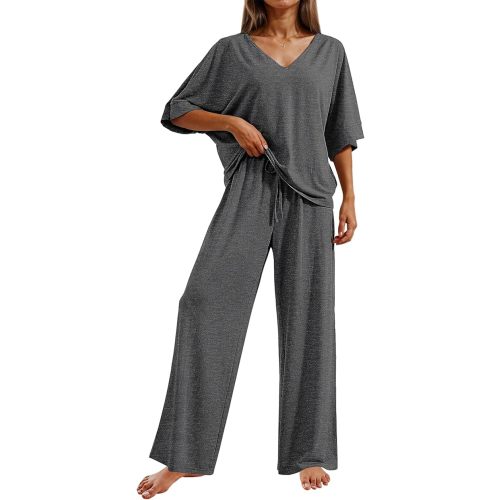 Ekouaer Pajama Sets Womens 2 Piece Short Sleeve Long Pants Pjs Lounge Set | Soft Comfy Pjs with Pockets,Casual V Neck Sleepwear,Matching Set for Travel,Maternity,Daily,Outfits