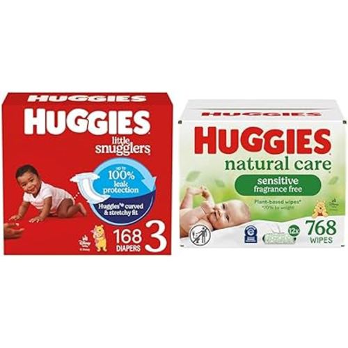 Little Snugglers Bundle: Huggies Little Snugglers Baby Diapers, Size 3 (16-28 lbs), 168 Count & Huggies Natural Care Sensitive Baby Wipes, 768 Count (12 Packs of 64)