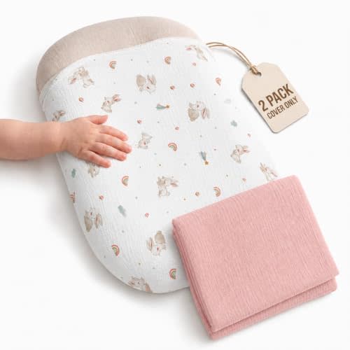 2 Pack Muslin Baby Lounger Covers, Covers Only, 35.5" x 20" | 100% Cotton Mustin, Envelope Closure, Zipperless, Baby Nest Slipcover, Machine Washable, Rabbit Pink
