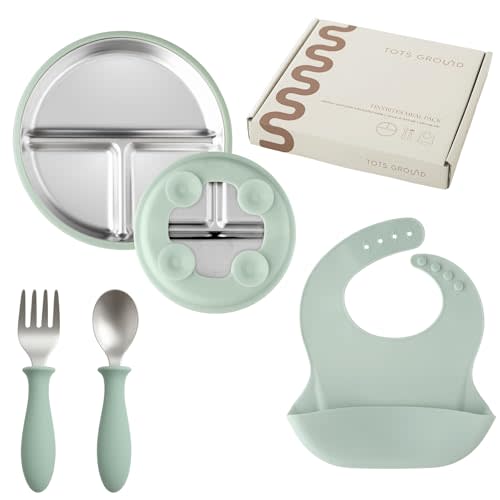 TOTS GROUND Stainless Steel Toddler Feeding Set 4 Pieces – Suction Plate, Silicone Bib, Spoon & Fork – Divided Plates for Baby Led Weaning, BPA-Free, Removable Shell (Sage Green)
