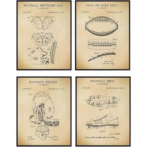 Football Patent Art Prints - Vintage Wall Art Poster Set - Chic Rustic Home Decor for Boys, Kids Teens Room, Family or Game Room, Office, Man Cave, Den - Gift for Football Players, Sports Fans - 8x10