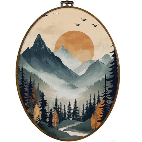 dvhdajed Nordic Adventure Theme Oval Wall Art Decor, Mountain Nursery Decor,Boys Room Mountain Framed Canvas Art, Nordic Nursery Tree Decorative Wall Hanging for Boys Room Bedroom, 8.7x11.3 Inch