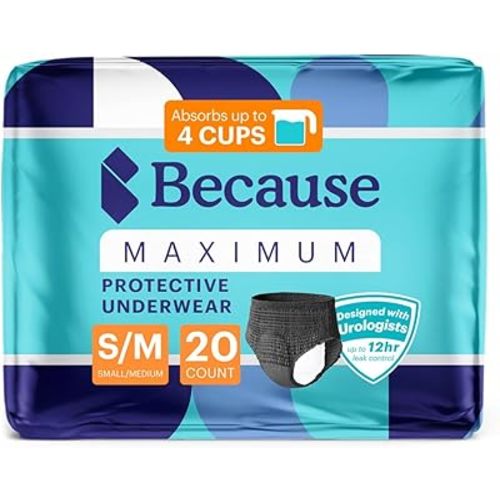 Because Premium Maximum Absorbency Adult Incontinence and Postpartum Bladder Leak Underwear for Women, Heavy Absorbency, Disposable, Black, Small/Medium, 20 Count