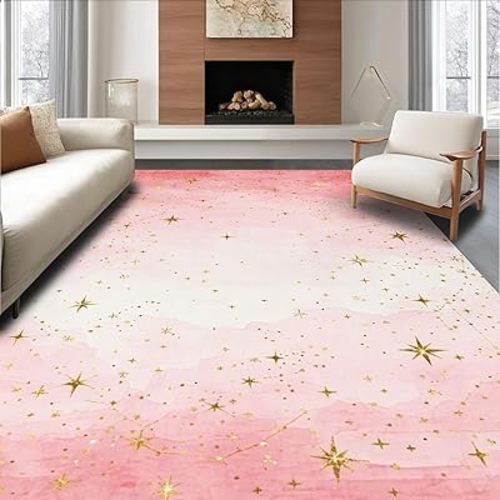 Ultra Soft Area Rug 3x5, Whimsical Starry Sky Nursery Accent Rug with Celestial Motifs, Non Slip, Stain Resistant, Washable Area Rugs for Living Room, Bedroom(Pink, 3x5)