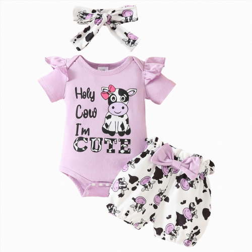 NIEWTR Toddler Baby Girl Summer Clothes 3PCS/Set Baby Girls Clothes Ruffle Short Sleeve Rompers+Floral Shorts+Baby Headband Newborn Baby Outfits（Z6-Purple,0-3 Months)