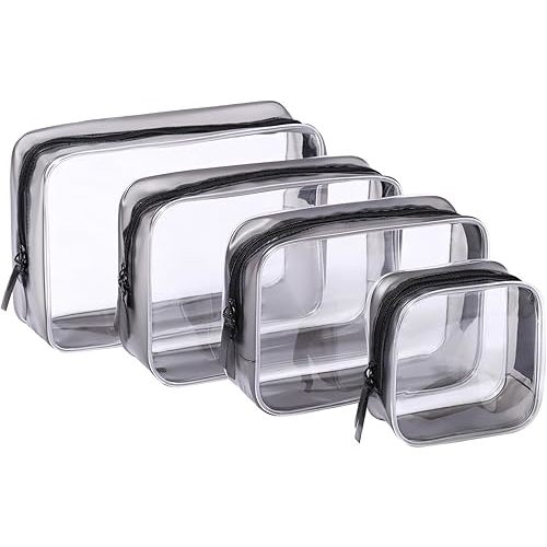 4 Pcs Clear Toiletry Carry Pouch with Zipper, Makeup Cosmetic Bag for Women Men Traveling Vacation Organization Business Trip Home Clear-Black