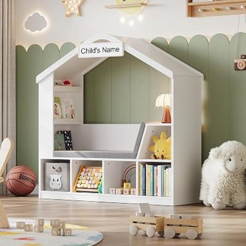 ONBRILL Kids Bookshelf with Reading Nook, Toy Storage Organizer