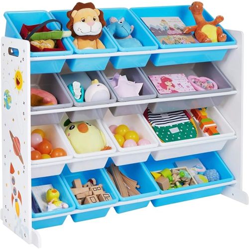 SONGMICS Kid's Large Toy Storage Unit with 16 Removable Bins, for Playroom, Children’s Room, 41.7", Space Theme