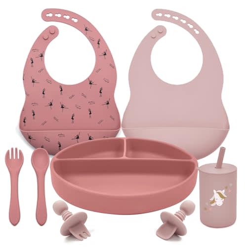 LITTLE RAWR Silicone Baby Feeding Set, Baby Led Weaning Supplies, Baby Spoons Suction Divided Plate Bib Cup, First Stage Solid Food Eating Utensils - 6+ Months(Pink-Red)