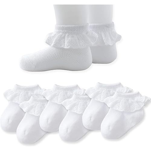 EPEIUS Baby Lace Socks Newborn Girl Eyelet Ruffle Socks Infant Toddler Dress Crew Sox 0-6/6-12/12-24 Months White 6 Pack S