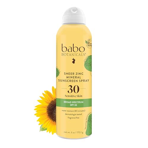 Babo Botanicals Sheer Zinc Continuous Sunscreen Spray SPF30 - Natural Zinc Oxide - Extra Sensitive Skin - Water Resistant - Vegan - Fragrance-Free - Air-Powered Spray - For all ages