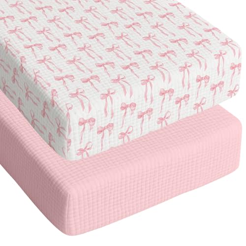 Breling 2 Pcs Muslin Pink Bow Crib Sheets for Girl Soft and Breathable 100% Cotton Crib Baby Bed Sheets Fitted Coquette Bow Mattress Cover for 52''x 28'' Standard Mattress Size