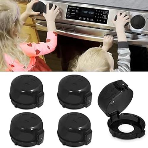 Oven Knob Covers for Child Safety 5 Pack, Black Stove Knob Safety Covers & Gas Stove Locks, Heat-Resistant Adhesive, Double-Key Baby Proof Covers for Gas/Electric Burners,Childproof Protector for Kids