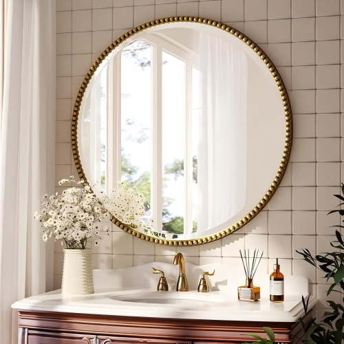 Mirrasia 24" Round Wall Mirror Decoration Hanging Mirror With Beaded Frame,Gold