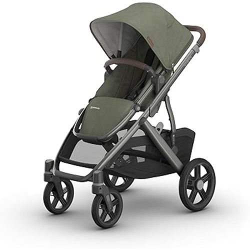 UPPAbaby Vista V3 Full-Size Single-to-Double Stroller System, Toddler Seat, Bug & Rain Shields, Storage Bag Included, Evelyn (Meadow Green/Graphite Frame/Chestnut Leather)