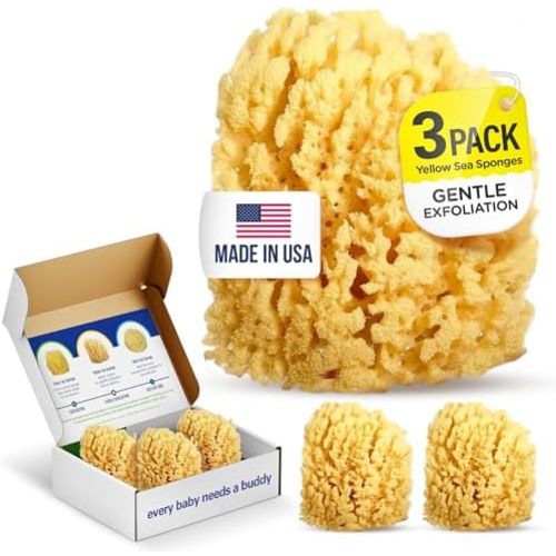 Baby Buddy Baby Bath 4in Yellow Sea Sponge, Absorbent Natural Sea Sponge, Soft on Tender Skin, Biodegradable, Hypoallergenic, Bath Accessories for Bathing, 3 Pack