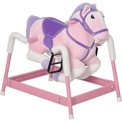 Qaba Spring Rocking Horse, Kids Ride on Horse, Plush Horse Ride-on with Sounds & Foot Stirrups, Saddle for Kids 3-8 Years, Pink