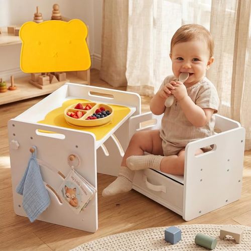 Montessori Kids Table and Chair Set with Storage Box & Table Mat – Adjustable Toddler Weaning Table, Wood Kids Furniture for 1-3 Year Olds, Includes Silicone Placemat, Learning, Play & Mealtime