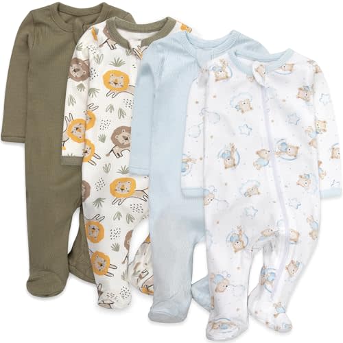 Baby Essentials Boys 4-Pack Footies – Long Sleeve Zip-Up Sleep and Play Newborn Outfits, Patterned & Solid