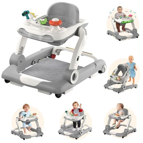 5-in-1 Baby Walker with Wheels, Baby Walkers for Boys Girls 6-18 Months, Foldable Adjustable Walker with Bouncer, Feeding Tray, Music & Detachable Footrest(Grey)