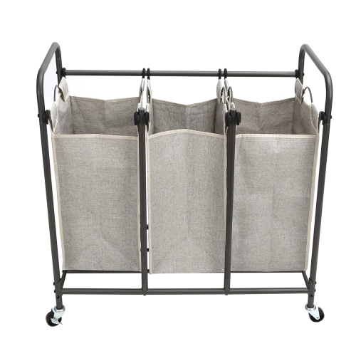 Better Homes & Gardens 3 Bag Laundry Sorter, Metal Rolling Cart with Grey Fabric Bins, Adult