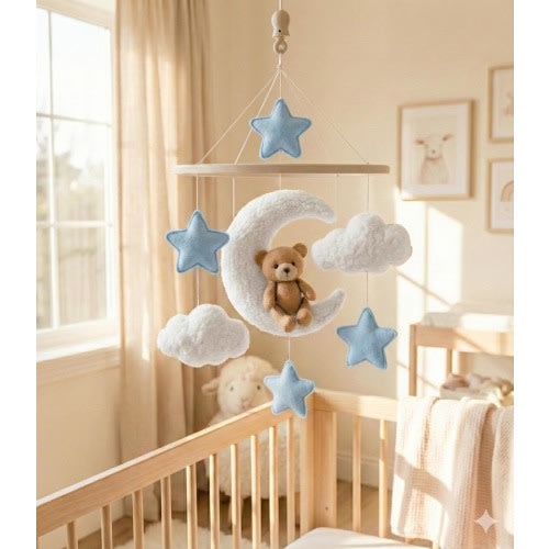 Teddy Bear on Moon Baby Mobile, Boucle Fabric Cloud Decor, Neutral Celestial Nursery