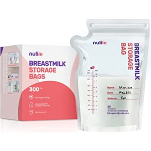 Nuliie 300 Pcs Breastmilk Storage Bags, 8 OZ Breast Milk Storing Bags, BPA Free, Milk Storage Bags with Pour Spout for Breastfeeding, Self-Standing Bag, Space Saving Flat Profile