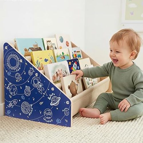 Toddler Bookshelf, 4-Tier Solid Wood Bookshelf for Kids Montessori Bookshelf Large Capapcity Nursery Book Shelves Deep Sling Book Organizer for Playroom Kids Book Storage,Dark Blue Plane