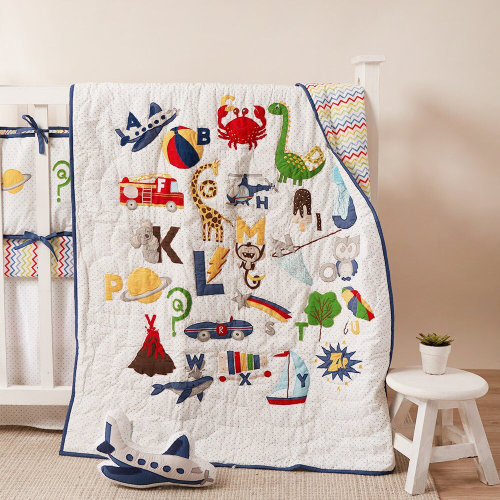 Alphabet Baby Quilt | Blue, Red, Yellow Cotton Bedding (Free Personalization)