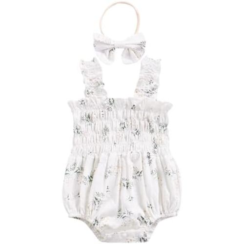 Twopumpkin Baby Girl Summer Clothes Muslin Bubble Romper Short Sleeve Ruffle Onesie Smocked Outfit 0 3 6 9 12 18 Month Cute