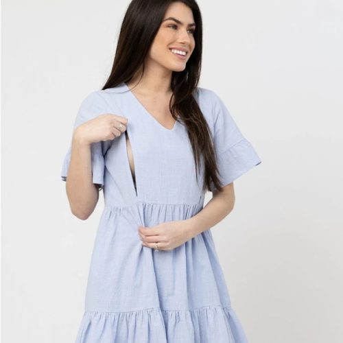 Nursing Dress With Pockets - Bell Sleeve- Periwinkle (Lavender/Blue)