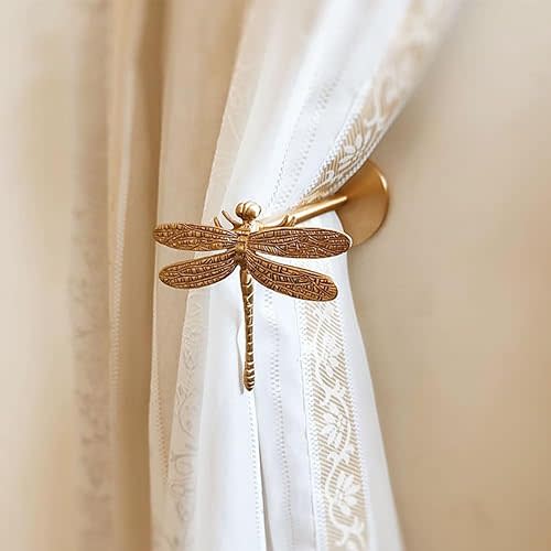 Brass Curtain Holdbacks (2 Pack) Gold Curtain Tieback Curtain Holders Backs Wall Hooks Pull Backs for Wall Mounted Home Decoration (Dragonfly)