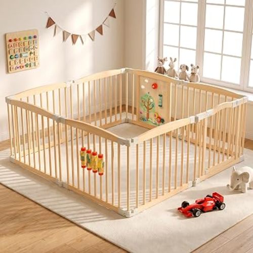 Wooden Baby Playpen, 60x60x25in Foldable Play Yard with Toys, CPC Certified