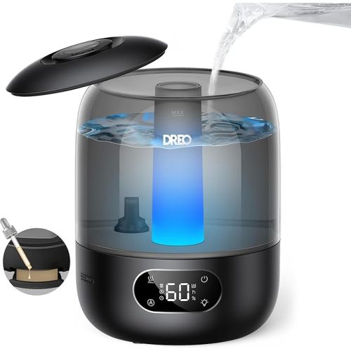 DREO Humidifiers for Bedroom, 3L Top Fill 30H & 26dB Quiet Runtime for Large Room, Cool Mist Ultrasonic Humidifier with Humidity Sensor, Night Light for Home, Baby, Nursery, Plants, 360° Nozzle, Black