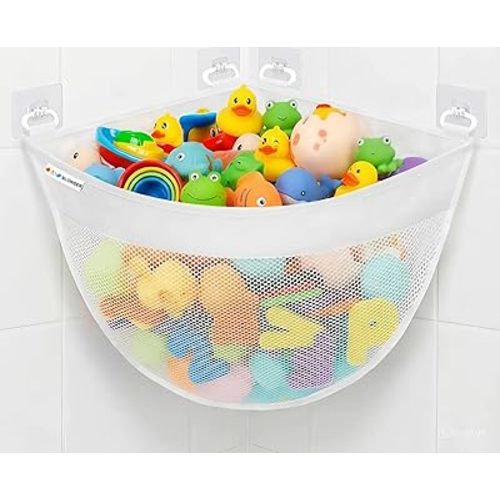 Bath Toy Storage Organizer for Bathtub – Large Mesh Bath Toy Holder & Bath Toy Net, Corner Bathtub Toy Storage Bag with 6 Strong Adhesive Hooks, Quick-Dry Bathroom Toy Holder for Tub & Kids Shower
