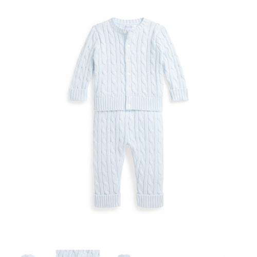 Cable-Knit Cotton Cardigan & Pant Set in Pearl Blue | Over The Moon