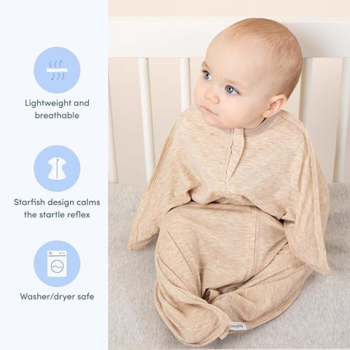 SleepingBaby Zipadee-Zip Transition Swaddle - Cozy Baby Swaddling Blanket with Zipper Convenience - Roomy Wearable Blanket for Easy Diaper Changes - 4-8 Month - Balanced Beige Heather
