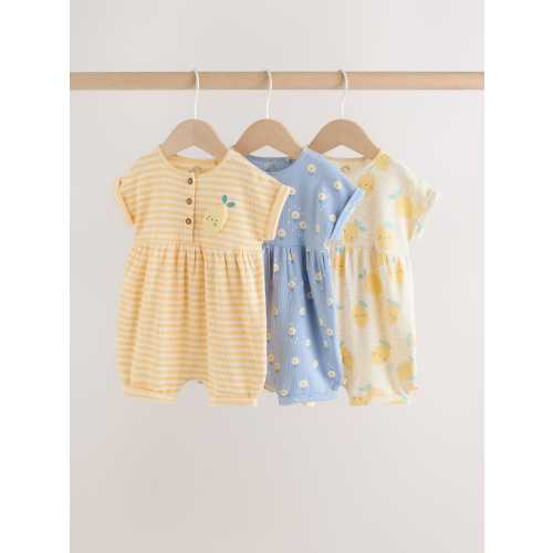 Blue and Lemon Printed Button T Shirt Jersey 3 Pack Baby Rompers