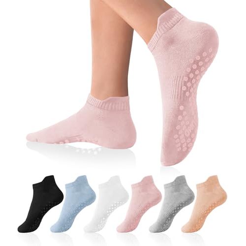 DIBAOLONG Pilates Socks with Grips for Women Yoga Socks Non Slip Barre Hospital Socks 6-Pairs Grippy Ankle Socks