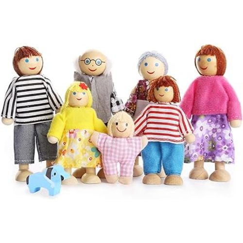 Lovely Happy Family Dolls Playset Wooden Figures Set of 7 People with Dog for Kids Children Toddlers Dollhouse Pretend Gift