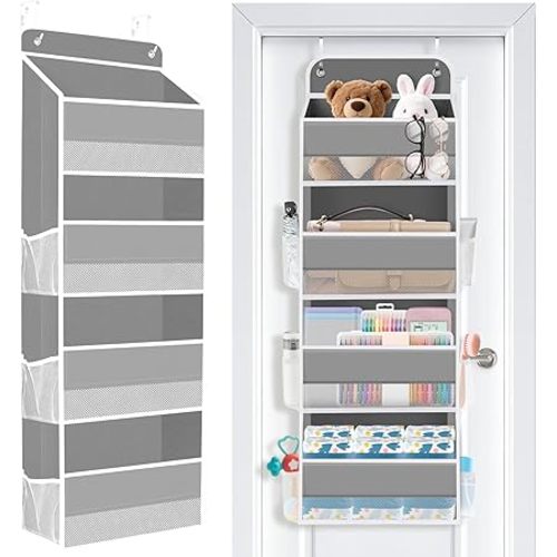 SpaceWhisper Over the Door Organizer, 4 Large Pocket Hanging Storage Organizer with 40lb Capacity, Space Saving for Nursery, Bathroom, Bedroom, Closet - Baby Essentials & Toiletry Organizer (Grey)