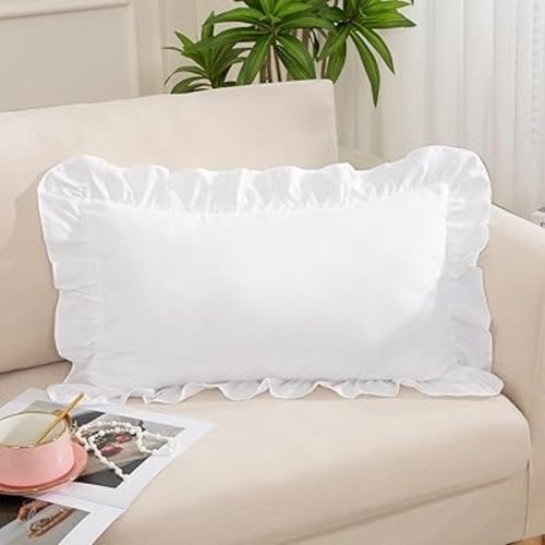 White Ruffle Lumbar Pillow Cover 12x20 Inch, Ruffled Cushion Case Covers for Couch Sofa Bed Living Room, Decorative Farmhouse Throw Pillow Cover, Pack of 1